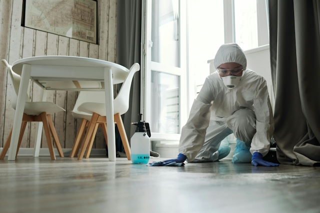 Professional biohazard cleanup technician disinfecting unattended death scene in protective suit