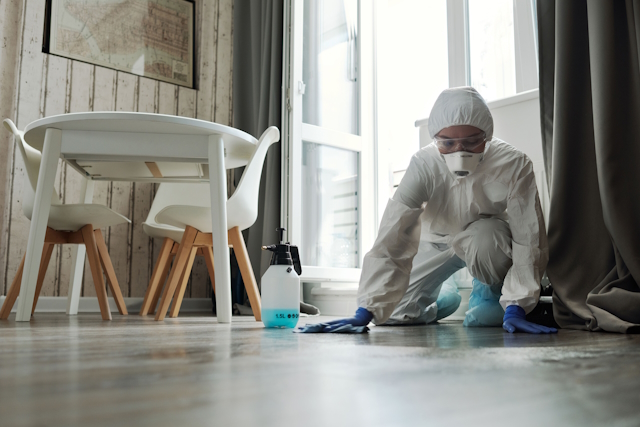 Professional trauma cleaning technician disinfecting a property using specialised protective equipment.