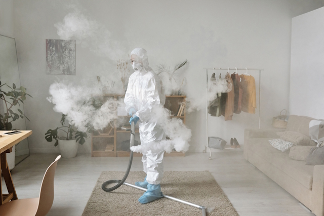 Professional cleaner wearing protective equipment during meth lab remediation.